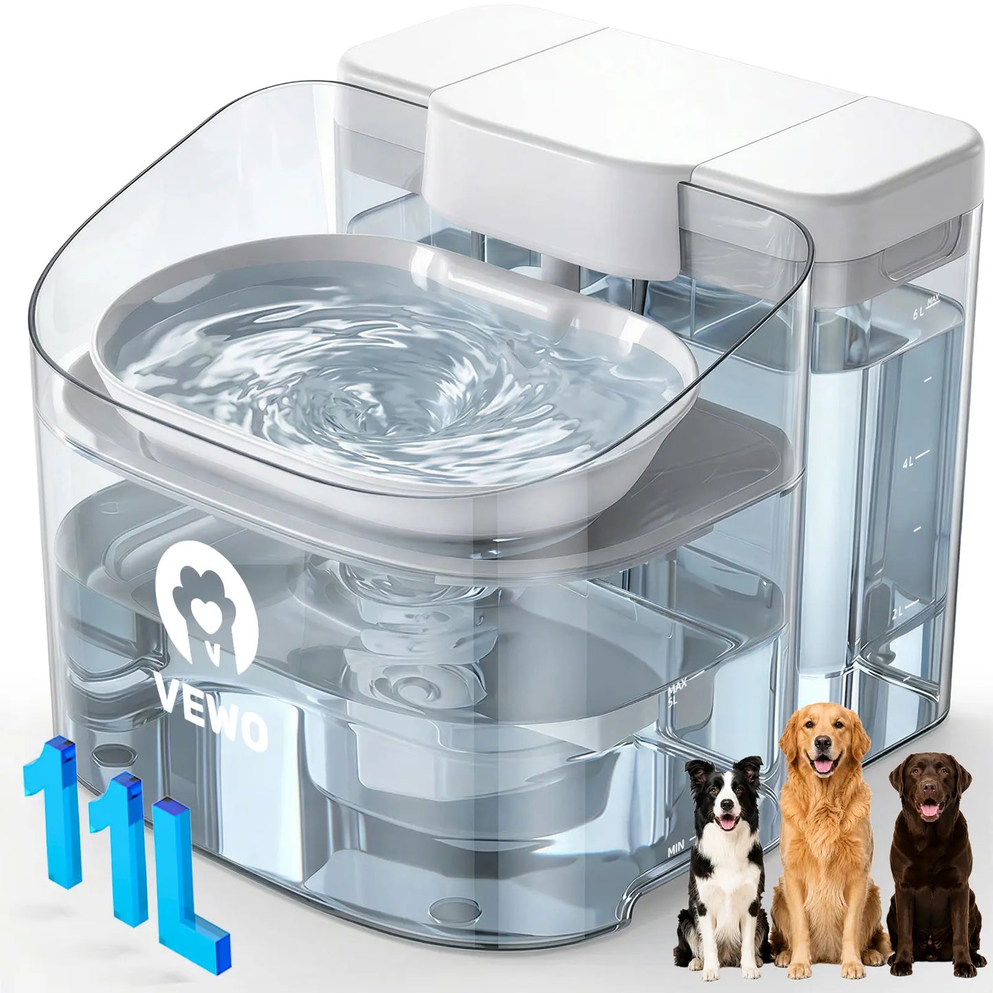 VEWO 11L Large Dog Water Fountain for Big Breeds - Spill-Free Dispenser with Deep Basin, BPA-Free, Ultra Quiet, 7-Day Refill Capacity for Large Dogs and Multi-Pet Homes