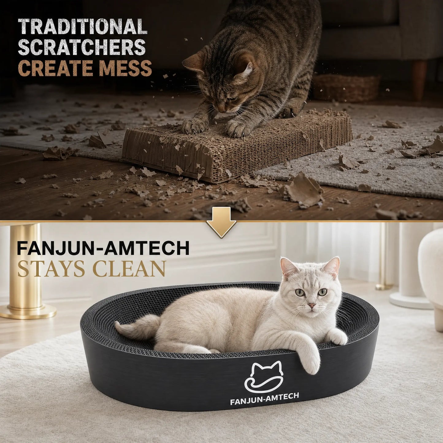 Modern Black Oval Cat Scratcher Lounge, Premium Hardened Cardboard Cat Bed, Elegant 2-In-1 Pet Scratching Pad & Nest for Contemporary Home Decor
