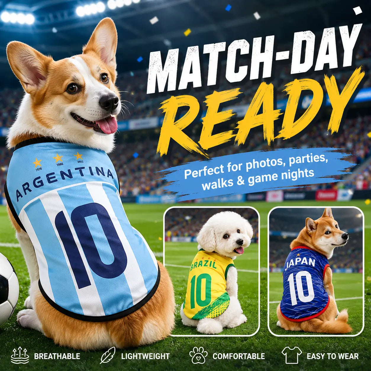 Pet Soccer Jersey Vest for Dogs & Cats, Lightweight Breathable Summer Pet Shirt, Team-Inspired Sleeveless Dog Clothes for Small Medium Pets