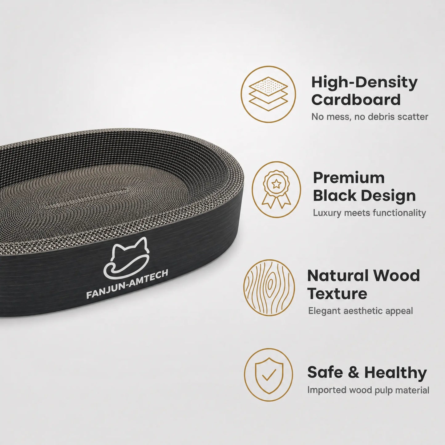 Modern Black Oval Cat Scratcher Lounge, Premium Hardened Cardboard Cat Bed, Elegant 2-In-1 Pet Scratching Pad & Nest for Contemporary Home Decor