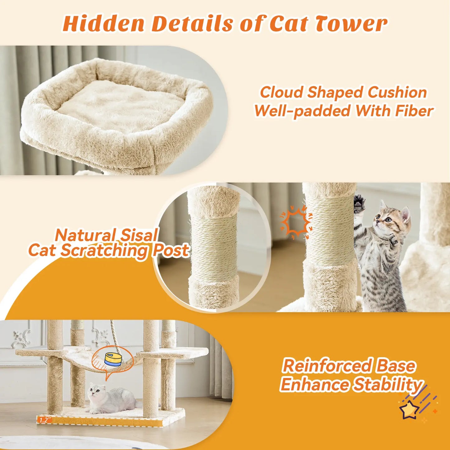 Indoor Cat Tree Tower, 66-Inch Multi-Level Pet Furniture with Stable Design, Sisal Scratching Post, Spacious Condo, Climbing Ladder, and Plush Toy for Kittens and Cats