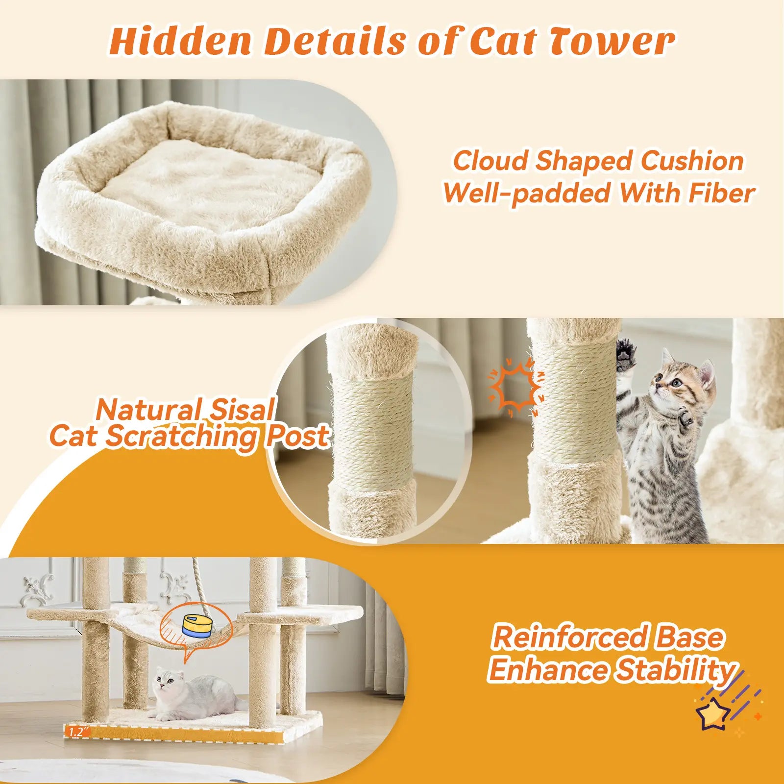 Indoor Cat Tree Tower, 66-Inch Multi-Level Pet Furniture with Stable Design, Sisal Scratching Post, Spacious Condo, Climbing Ladder, and Plush Toy for Kittens and Cats