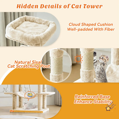 Indoor Cat Tree Tower, 66-Inch Multi-Level Pet Furniture with Stable Design, Sisal Scratching Post, Spacious Condo, Climbing Ladder, and Plush Toy for Kittens and Cats