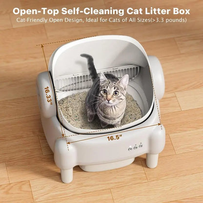 Best Seller | ECORUI Self - Cleaning - Litter Box Open Top Automatic with App Control for Multiple Cats Safety Sensors Protection Cream White 16.5"X16.5" Entrance 10.5L Compartment