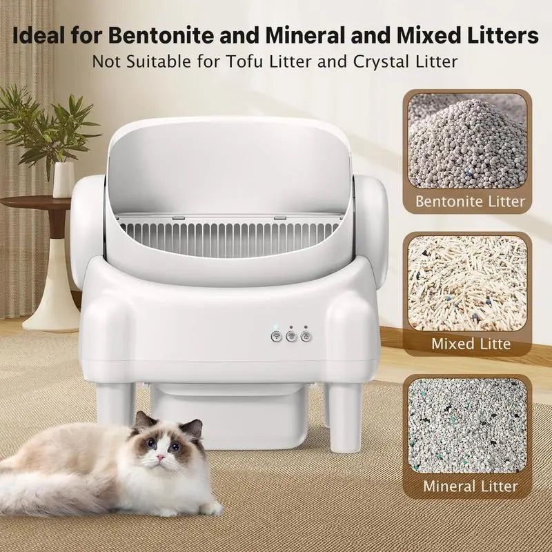 Best Seller | ECORUI Self - Cleaning - Litter Box Open Top Automatic with App Control for Multiple Cats Safety Sensors Protection Cream White 16.5"X16.5" Entrance 10.5L Compartment