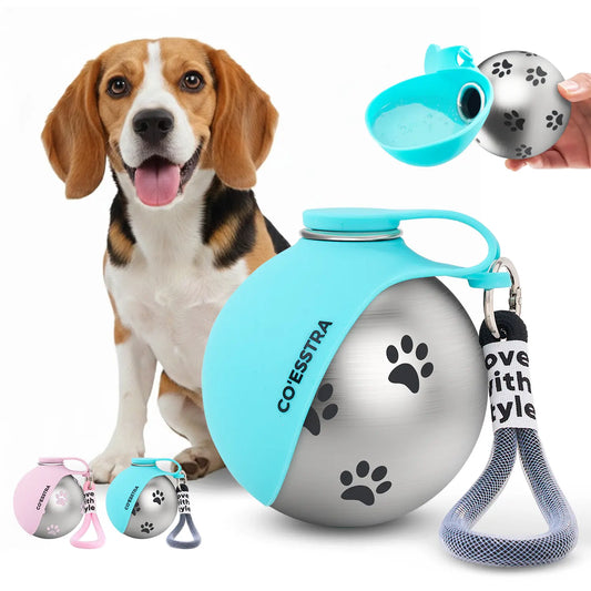 Stainless Steel Leak-Proof Pet Water Bottle with Drinking Basin - 285ml Travel Solution for Dogs, Ideal for Walks and Road Trips