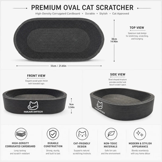 Modern Black Oval Cat Scratcher Lounge, Premium Hardened Cardboard Cat Bed, Elegant 2-In-1 Pet Scratching Pad & Nest for Contemporary Home Decor