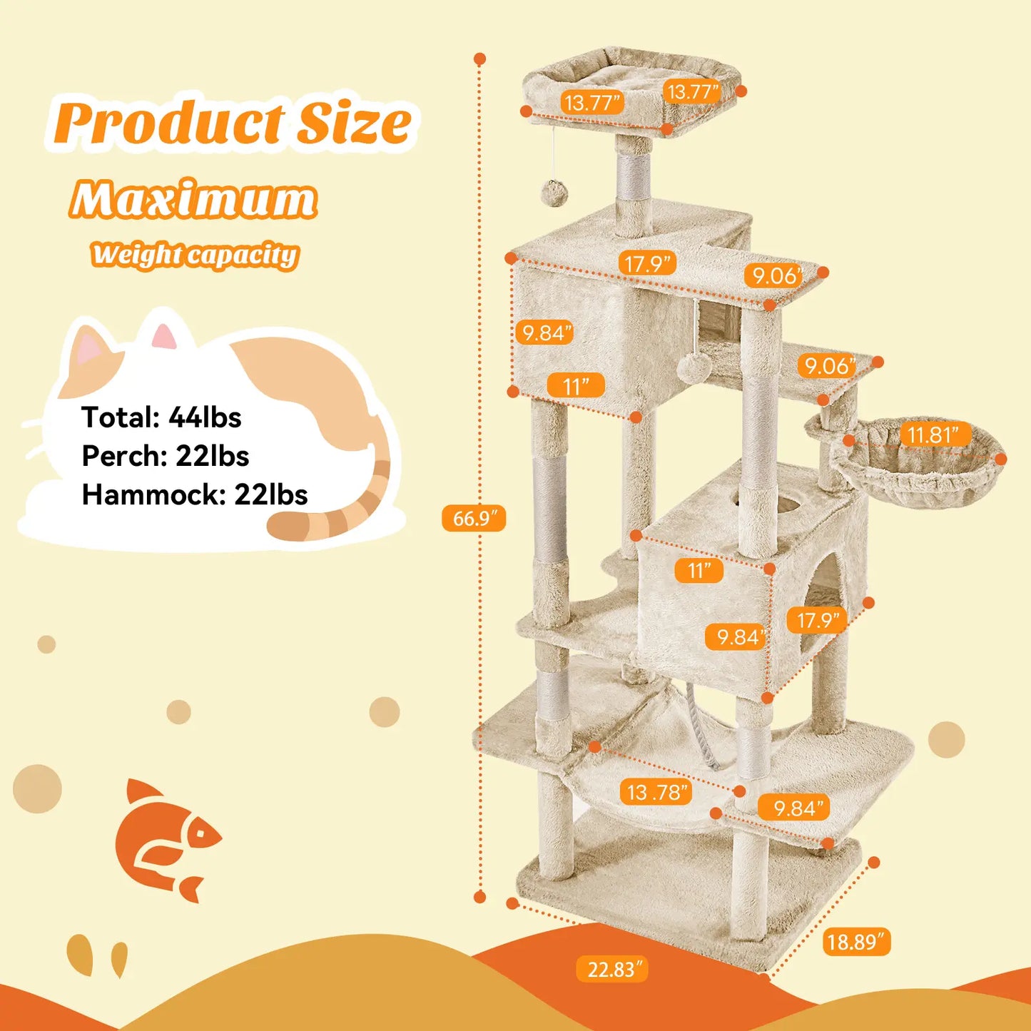 Indoor Cat Tree Tower, 66-Inch Multi-Level Pet Furniture with Stable Design, Sisal Scratching Post, Spacious Condo, Climbing Ladder, and Plush Toy for Kittens and Cats