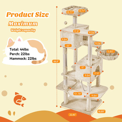 Indoor Cat Tree Tower, 66-Inch Multi-Level Pet Furniture with Stable Design, Sisal Scratching Post, Spacious Condo, Climbing Ladder, and Plush Toy for Kittens and Cats