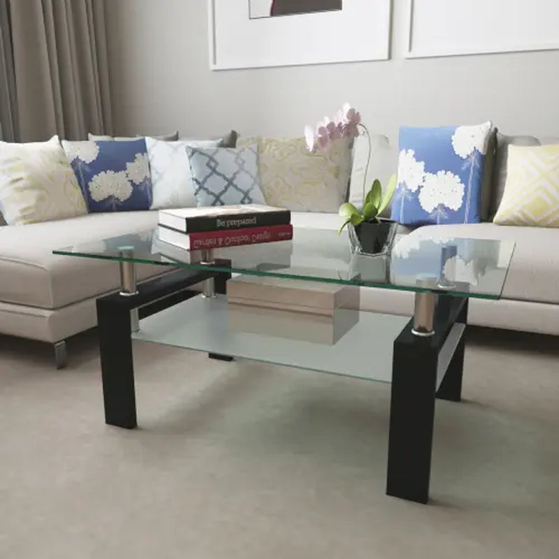 Bellemave Rectangle Black Glass Coffee Table Modern Side Center Tables for Living Room Furniture with Clear Glass Top and Contemporary Design