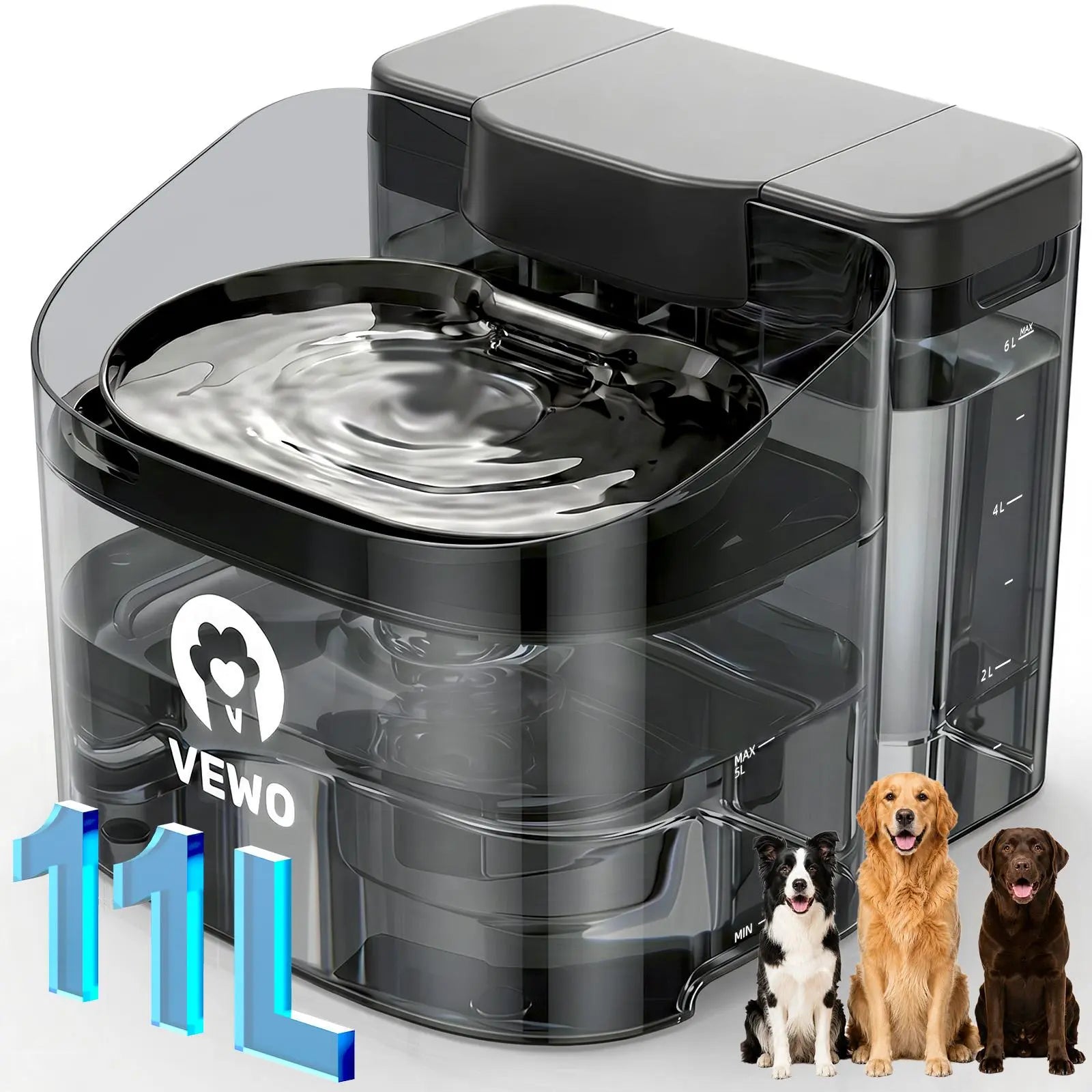 VEWO 11L Large Dog Water Fountain for Big Breeds - Spill-Free Dispenser with Deep Basin, BPA-Free, Ultra Quiet, 7-Day Refill Capacity for Large Dogs and Multi-Pet Homes