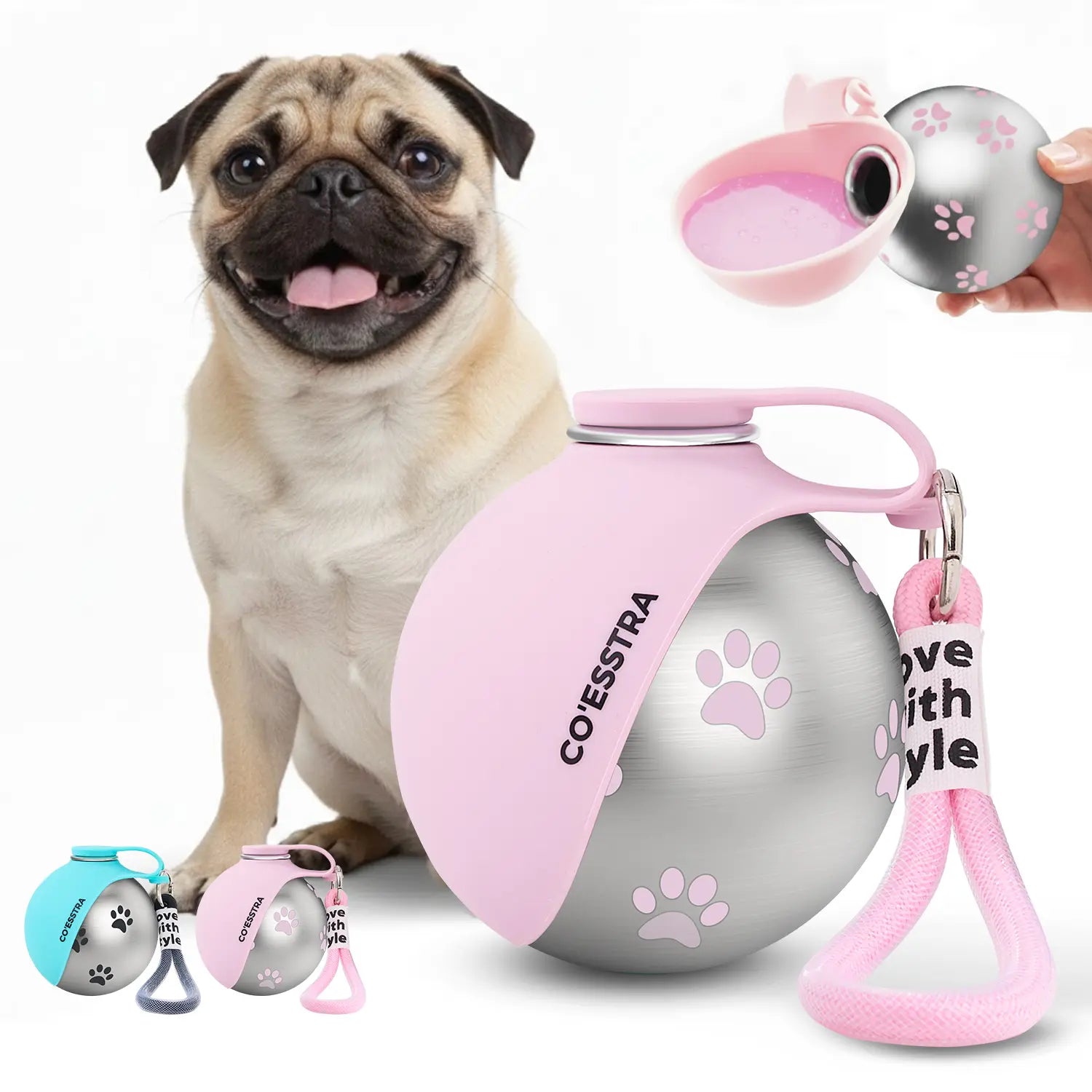 Stainless Steel Leak-Proof Pet Water Bottle with Drinking Basin - 285ml Travel Solution for Dogs, Ideal for Walks and Road Trips