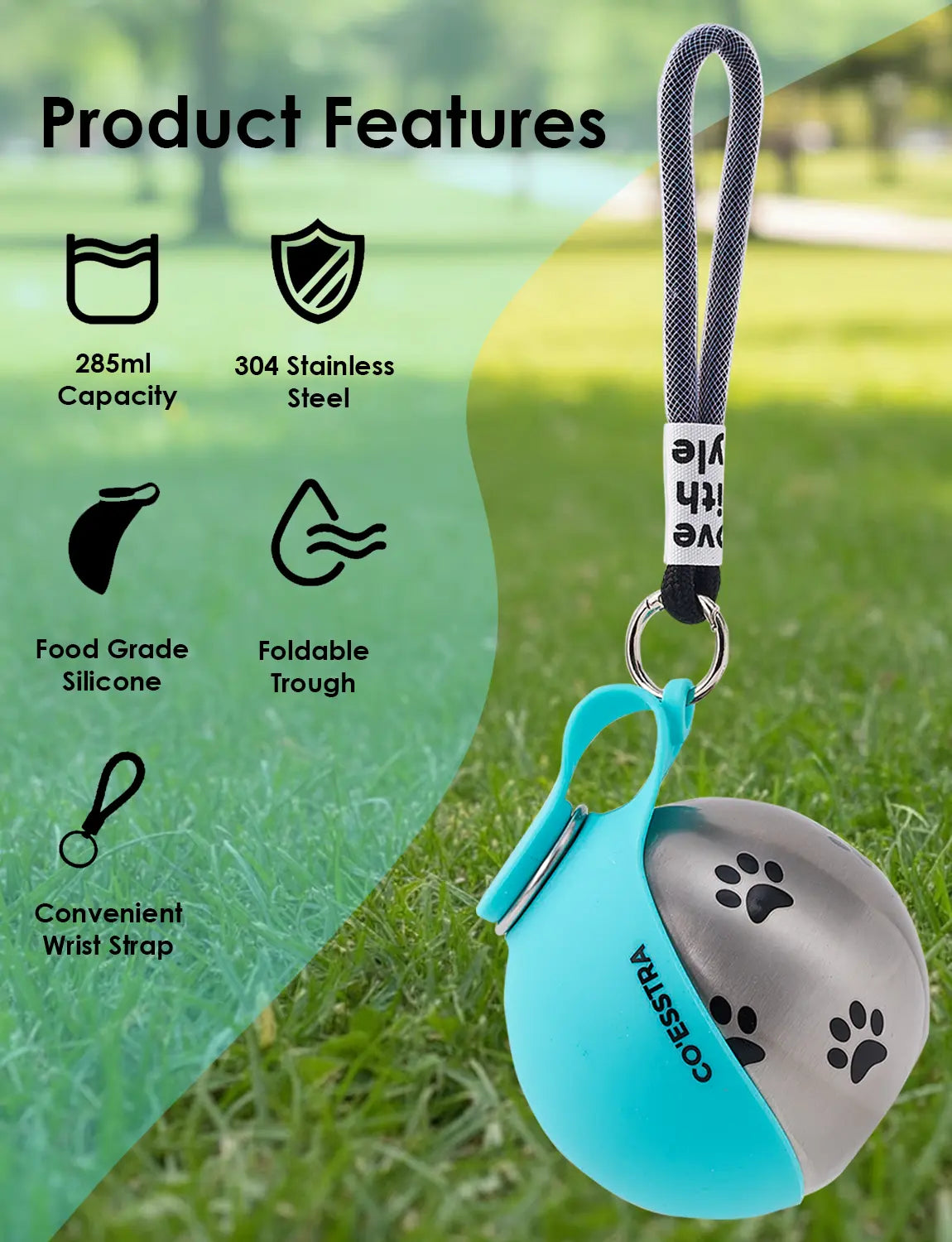 Stainless Steel Leak-Proof Pet Water Bottle with Drinking Basin - 285ml Travel Solution for Dogs, Ideal for Walks and Road Trips