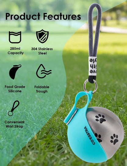 Stainless Steel Leak-Proof Pet Water Bottle with Drinking Basin - 285ml Travel Solution for Dogs, Ideal for Walks and Road Trips