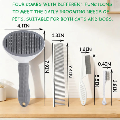 4PCS Pet Groomer Tools Shedding Grooming Kit - Self-Cleaning Slicker Brush, Dual-Sided Stainless Steel Dematting Comb, Tear Stain Comb, Fur Removal Tool for Long/Short Hair Dogs & Cats - Fur-Free Home Supplies, Grooming Supplies