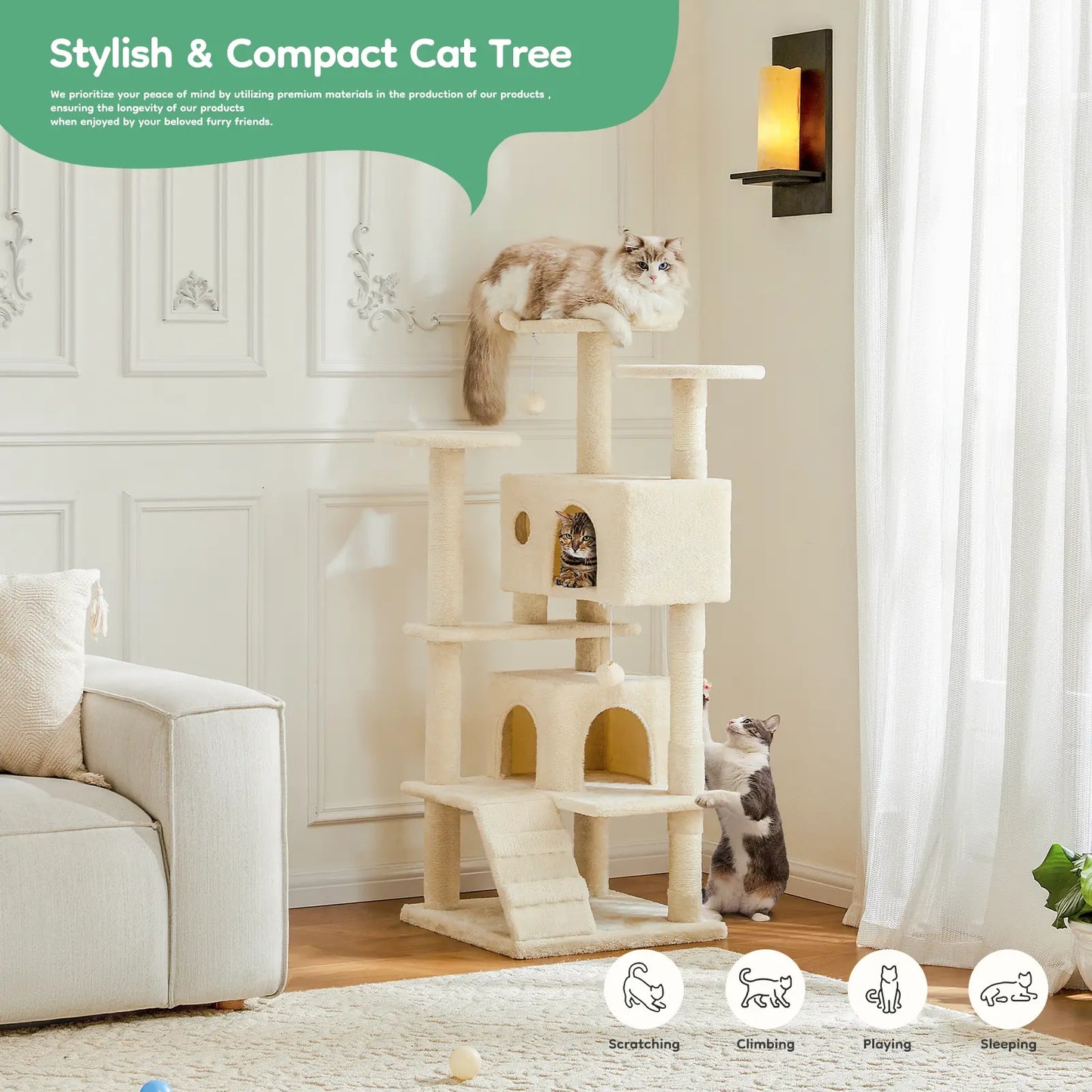 Indoor Cat Tree Tower, 66-Inch Multi-Level Pet Furniture with Stable Design, Sisal Scratching Post, Spacious Condo, Climbing Ladder, and Plush Toy for Kittens and Cats