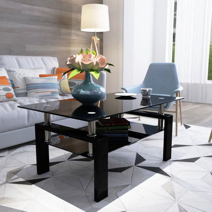 Bellemave Rectangle Black Glass Coffee Table Modern Side Center Tables for Living Room Furniture with Clear Glass Top and Contemporary Design
