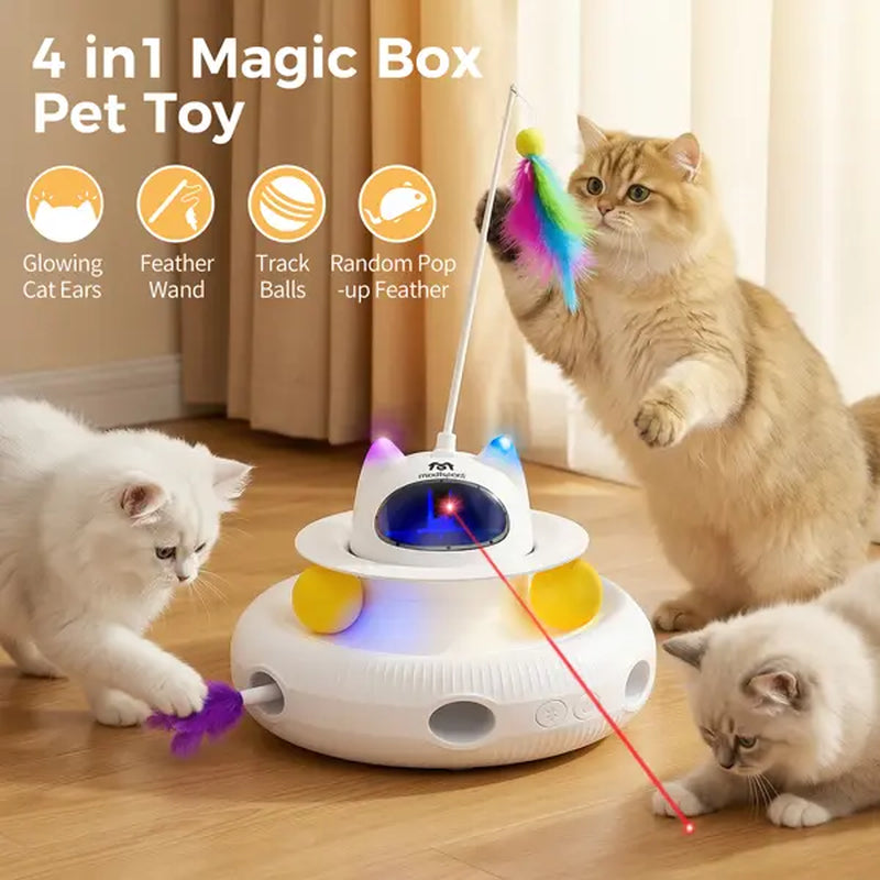 New 5-In-1 Interactive Cat Toy | Rotating Feather Teaser & Light Pointer & Track | Magic Box Cat Toy for Bored Indoor Cats