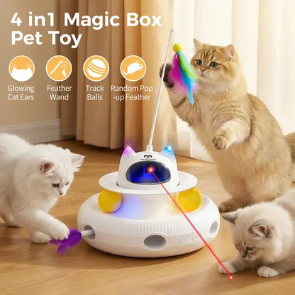 New 5-In-1 Interactive Cat Toy | Rotating Feather Teaser & Light Pointer & Track | Magic Box Cat Toy for Bored Indoor Cats