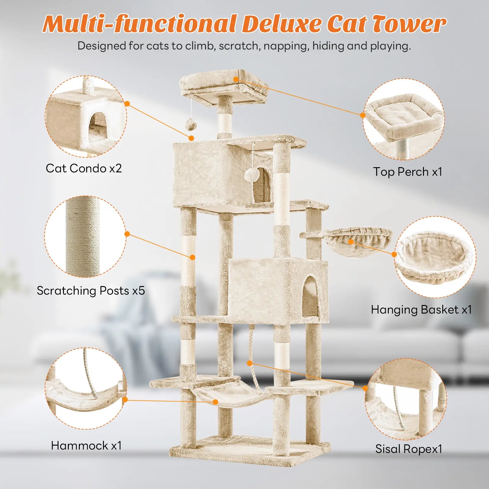 Indoor Cat Tree Tower, 66-Inch Multi-Level Pet Furniture with Stable Design, Sisal Scratching Post, Spacious Condo, Climbing Ladder, and Plush Toy for Kittens and Cats