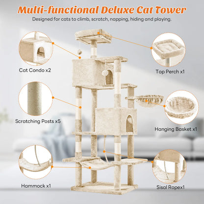 Indoor Cat Tree Tower, 66-Inch Multi-Level Pet Furniture with Stable Design, Sisal Scratching Post, Spacious Condo, Climbing Ladder, and Plush Toy for Kittens and Cats