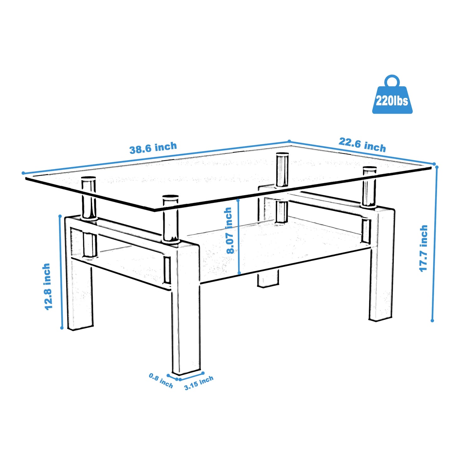 Bellemave Rectangle Black Glass Coffee Table Modern Side Center Tables for Living Room Furniture with Clear Glass Top and Contemporary Design