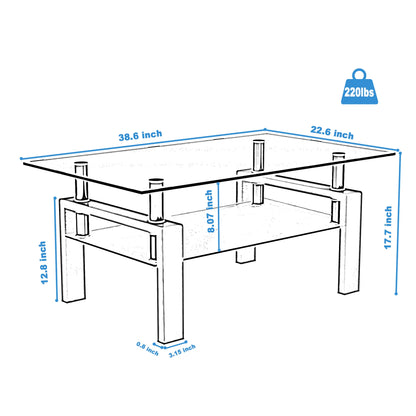 Bellemave Rectangle Black Glass Coffee Table Modern Side Center Tables for Living Room Furniture with Clear Glass Top and Contemporary Design