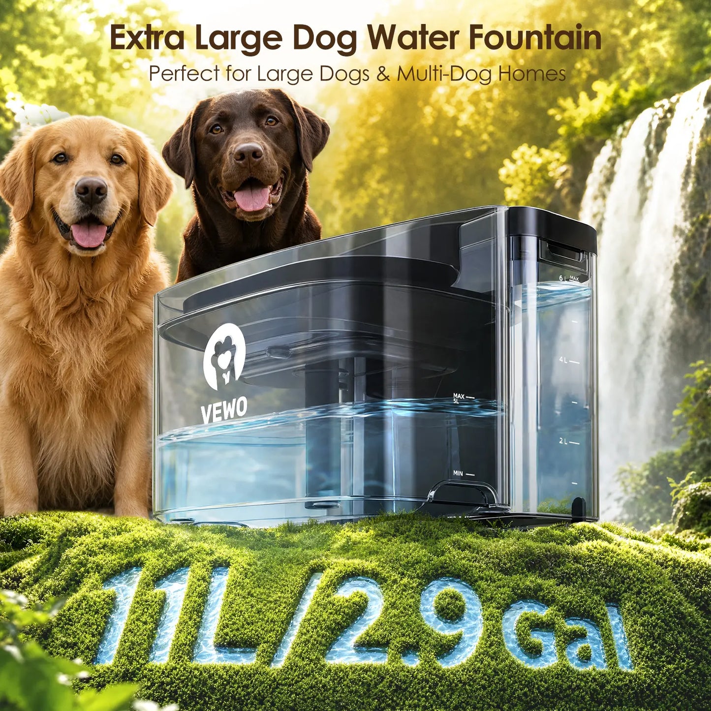 VEWO 11L Large Dog Water Fountain for Big Breeds - Spill-Free Dispenser with Deep Basin, BPA-Free, Ultra Quiet, 7-Day Refill Capacity for Large Dogs and Multi-Pet Homes