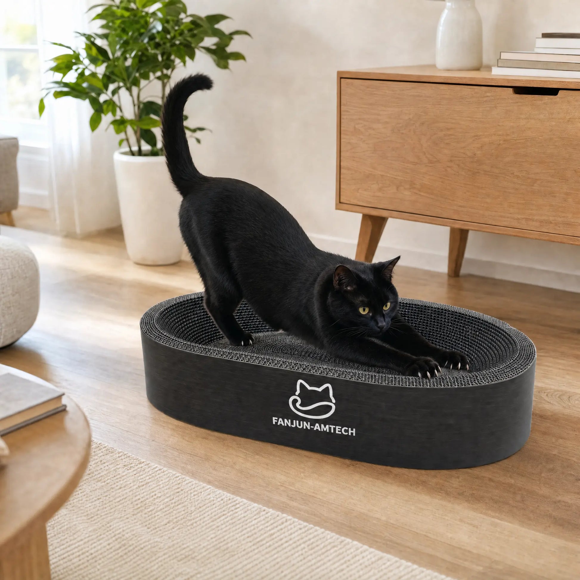 Modern Black Oval Cat Scratcher Lounge, Premium Hardened Cardboard Cat Bed, Elegant 2-In-1 Pet Scratching Pad & Nest for Contemporary Home Decor