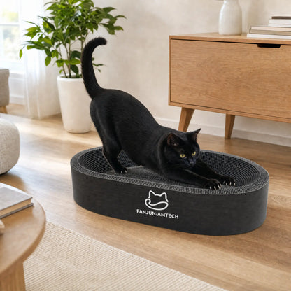 Modern Black Oval Cat Scratcher Lounge, Premium Hardened Cardboard Cat Bed, Elegant 2-In-1 Pet Scratching Pad & Nest for Contemporary Home Decor