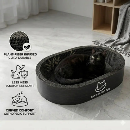 Modern Black Oval Cat Scratcher Lounge, Premium Hardened Cardboard Cat Bed, Elegant 2-In-1 Pet Scratching Pad & Nest for Contemporary Home Decor