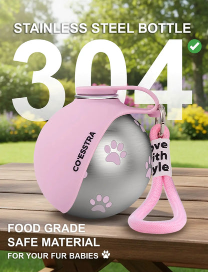 Stainless Steel Leak-Proof Pet Water Bottle with Drinking Basin - 285ml Travel Solution for Dogs, Ideal for Walks and Road Trips