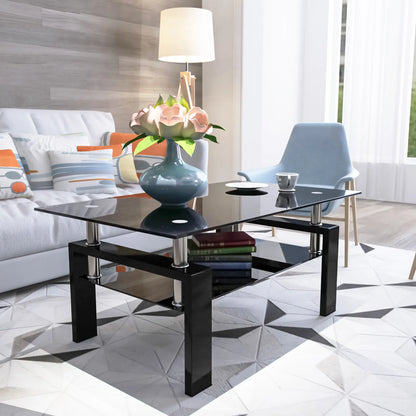 Bellemave Rectangle Black Glass Coffee Table Modern Side Center Tables for Living Room Furniture with Clear Glass Top and Contemporary Design