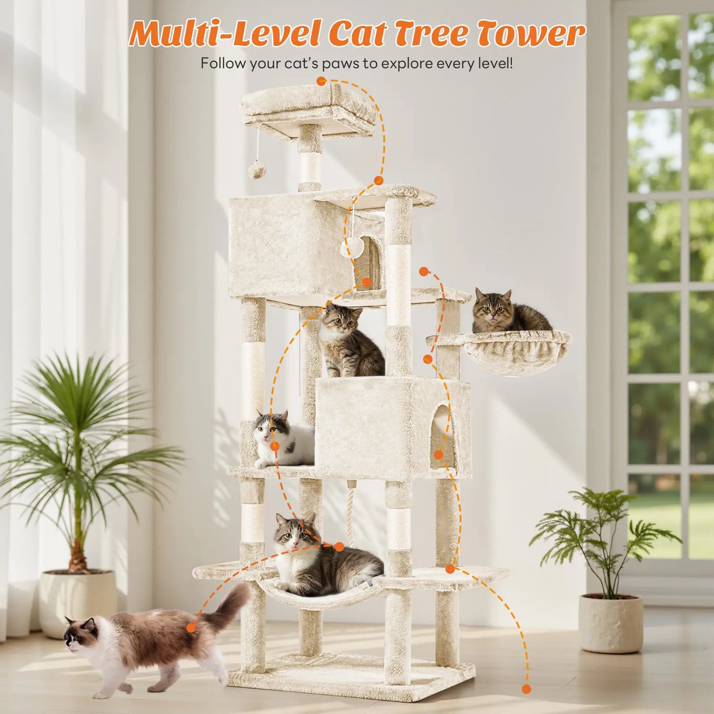 Indoor Cat Tree Tower, 66-Inch Multi-Level Pet Furniture with Stable Design, Sisal Scratching Post, Spacious Condo, Climbing Ladder, and Plush Toy for Kittens and Cats