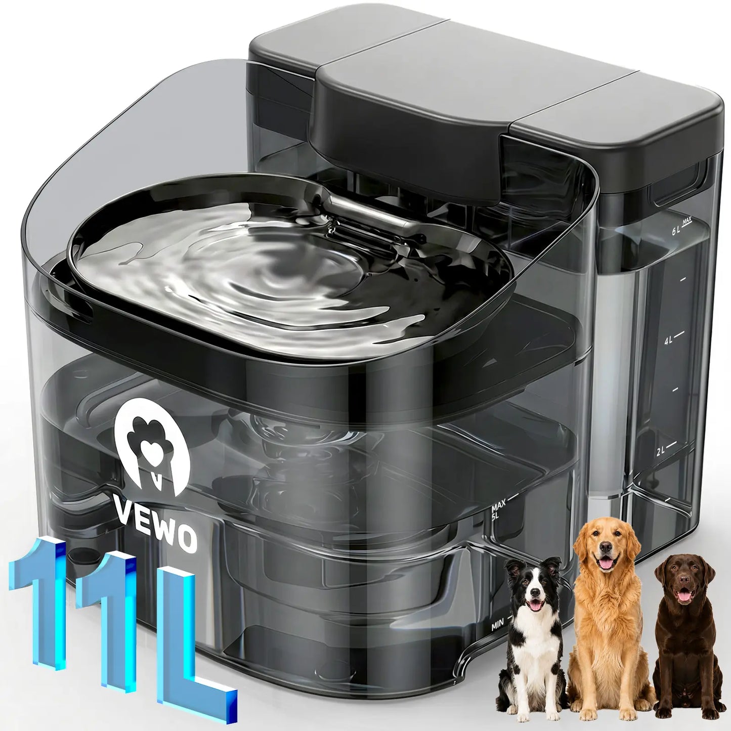 VEWO 11L Large Dog Water Fountain for Big Breeds - Spill-Free Dispenser with Deep Basin, BPA-Free, Ultra Quiet, 7-Day Refill Capacity for Large Dogs and Multi-Pet Homes