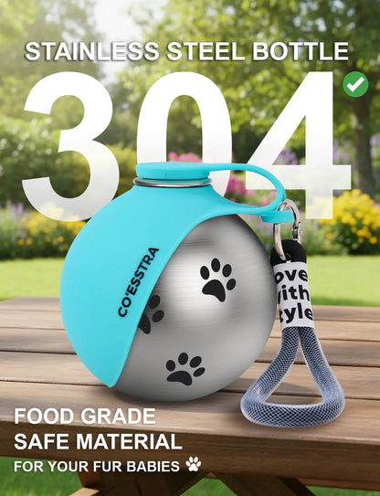 Stainless Steel Leak-Proof Pet Water Bottle with Drinking Basin - 285ml Travel Solution for Dogs, Ideal for Walks and Road Trips