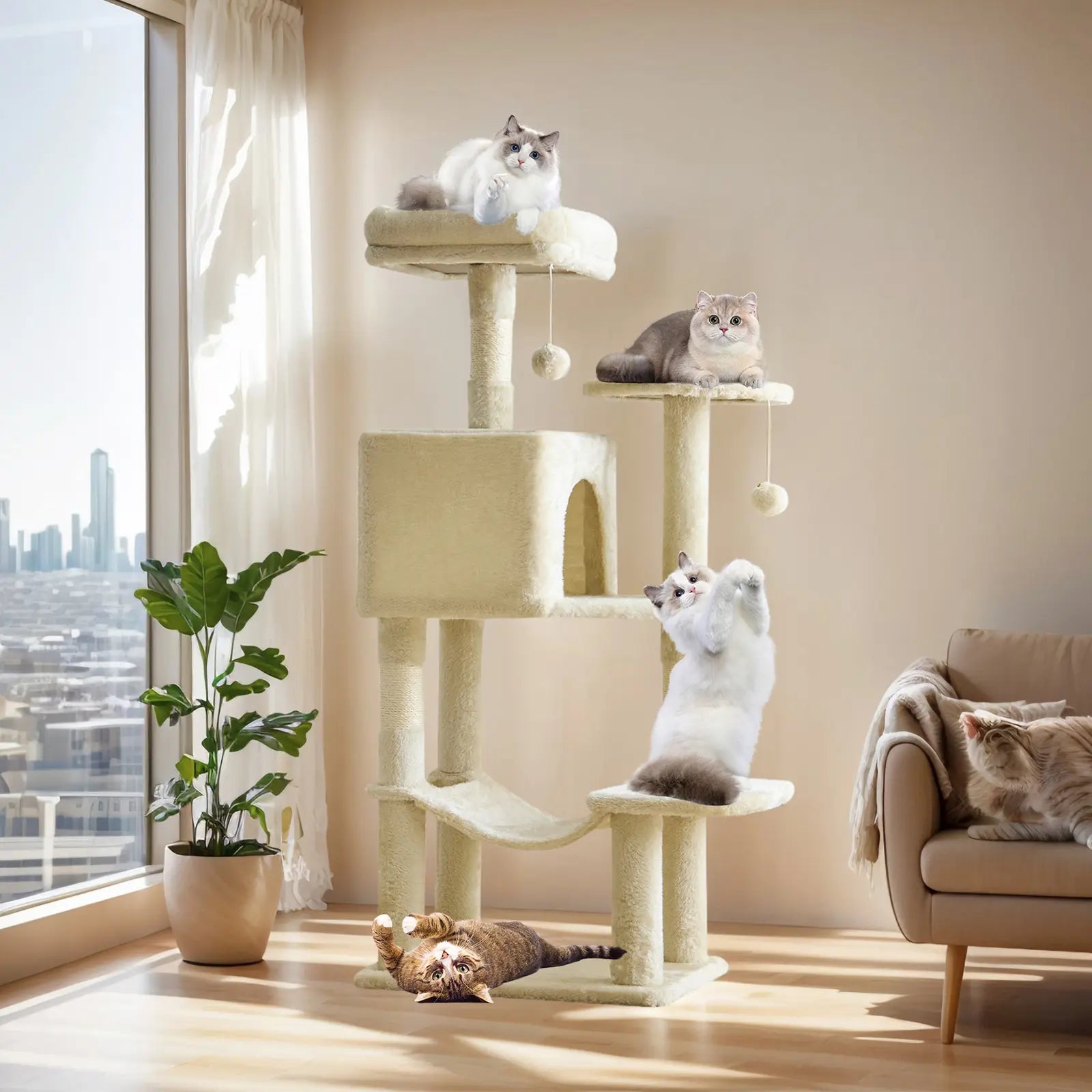 Indoor Cat Tree Tower, 66-Inch Multi-Level Pet Furniture with Stable Design, Sisal Scratching Post, Spacious Condo, Climbing Ladder, and Plush Toy for Kittens and Cats