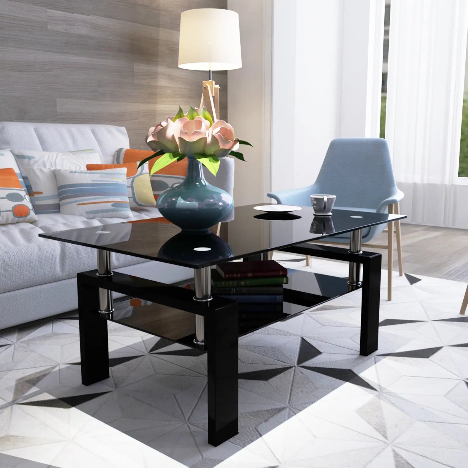 Bellemave Rectangle Black Glass Coffee Table Modern Side Center Tables for Living Room Furniture with Clear Glass Top and Contemporary Design